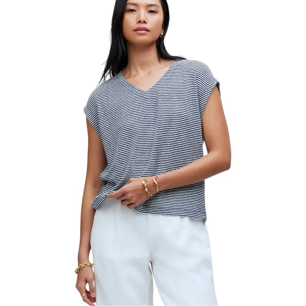 Madewell Navy And White Striped Relaxed V Neck Tee